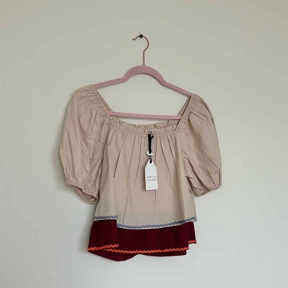NWT English Factory Women's Colorblock Rickrack Trim Puff Sleeve Top Multi - Picture 2 of 6
